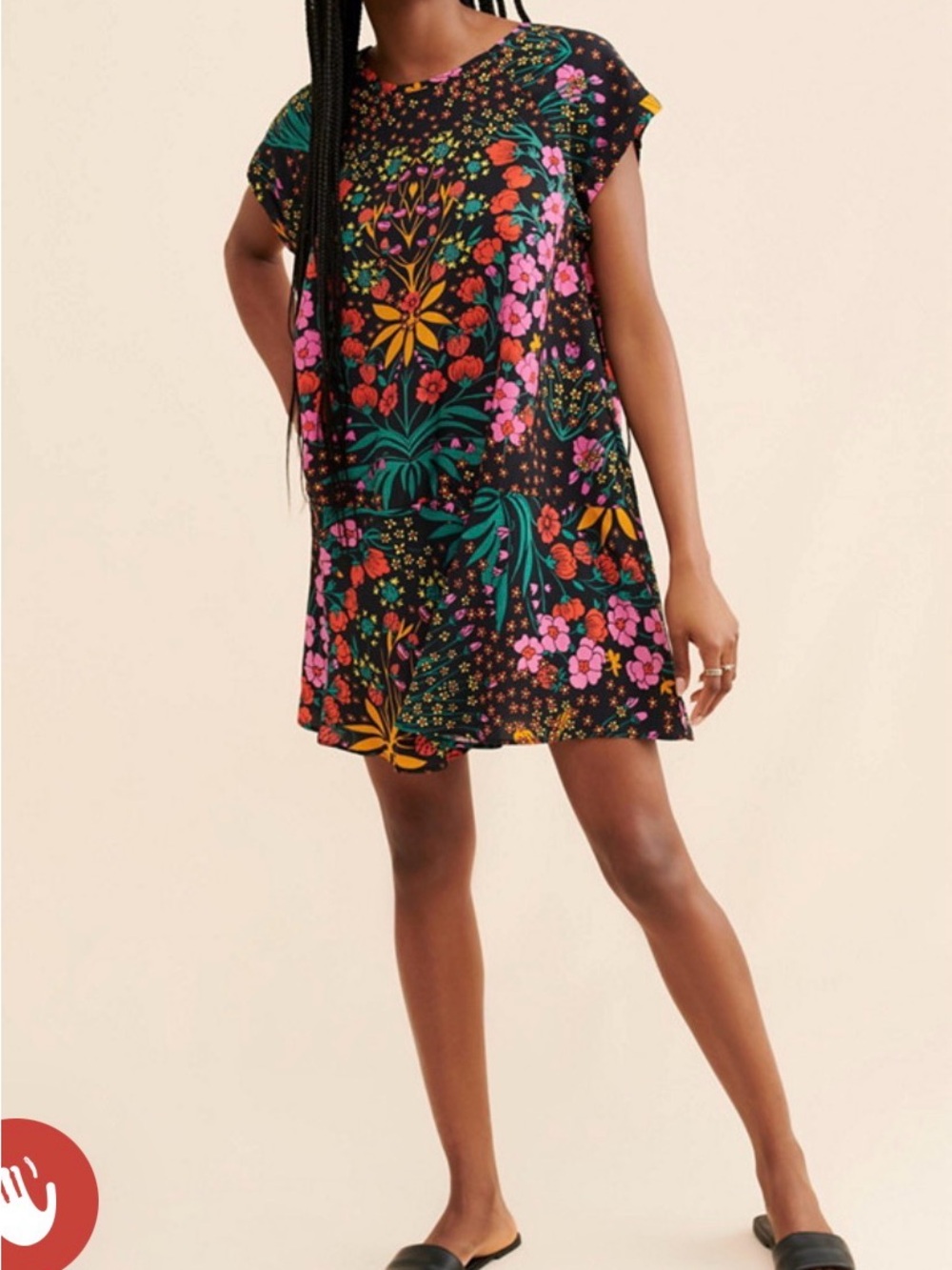 Free People- Black Floral Shift Dress for Women with Pink & Green Accents